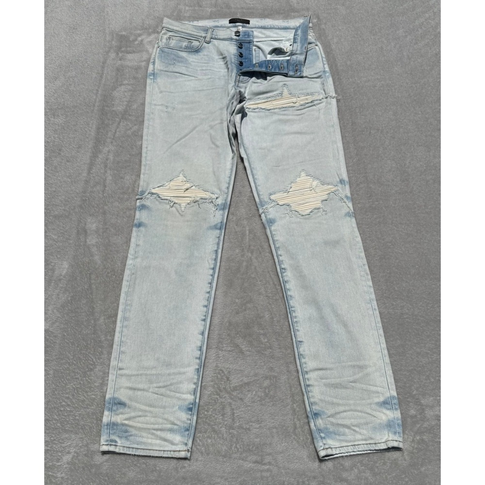 Amiri MX1 Straight Jeans Mens 34x36 Blue Wax Denim Distressed Stretch USA NWOT